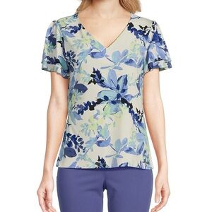 NWT Calvin Klein Printed Matte Jersey V-Neck Flutter Sleeve Blouse